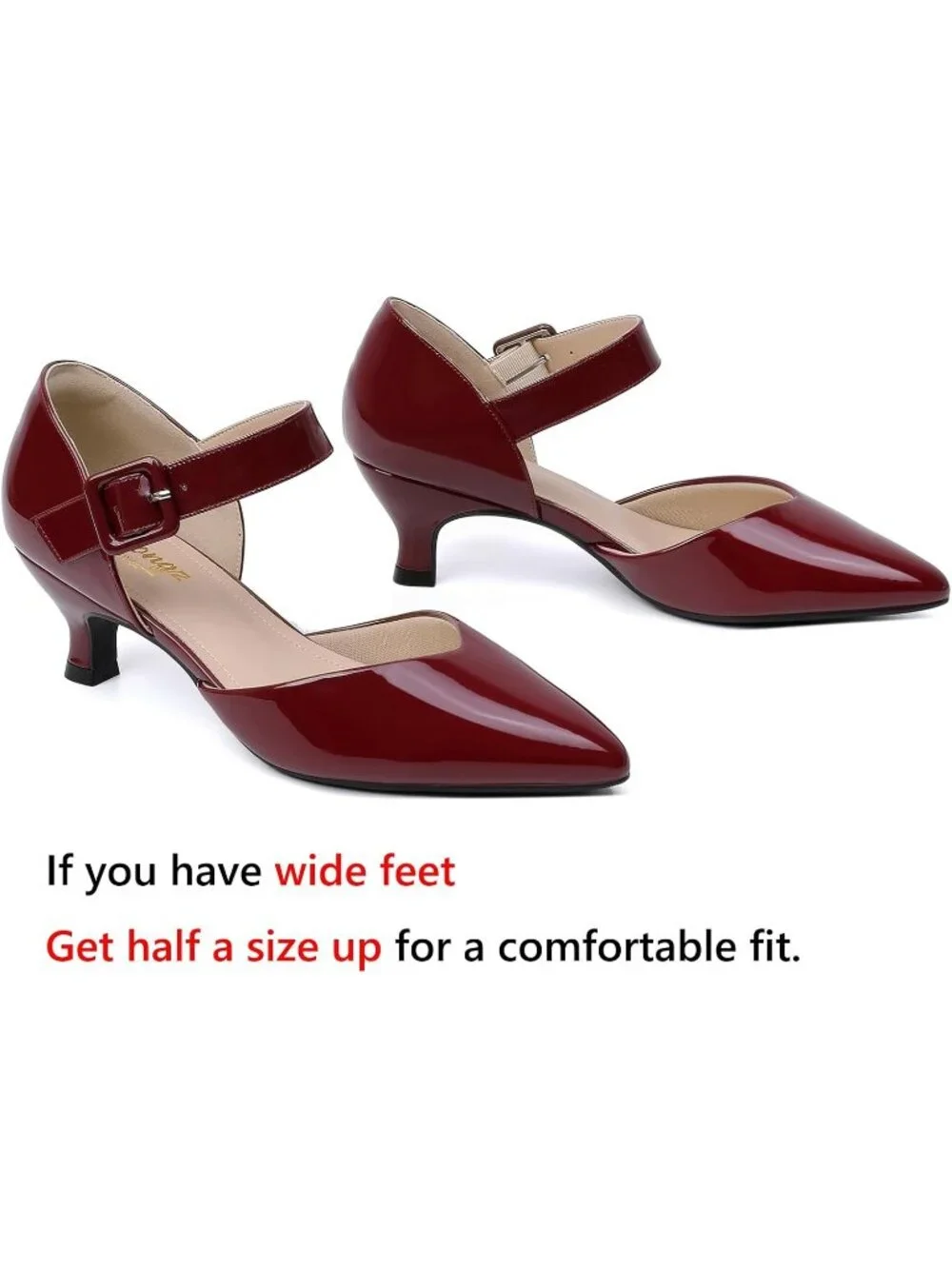 Women's Red Closed Pointed Toe Ankle Strap Buckle Heels Slip on Low Heel Shoes